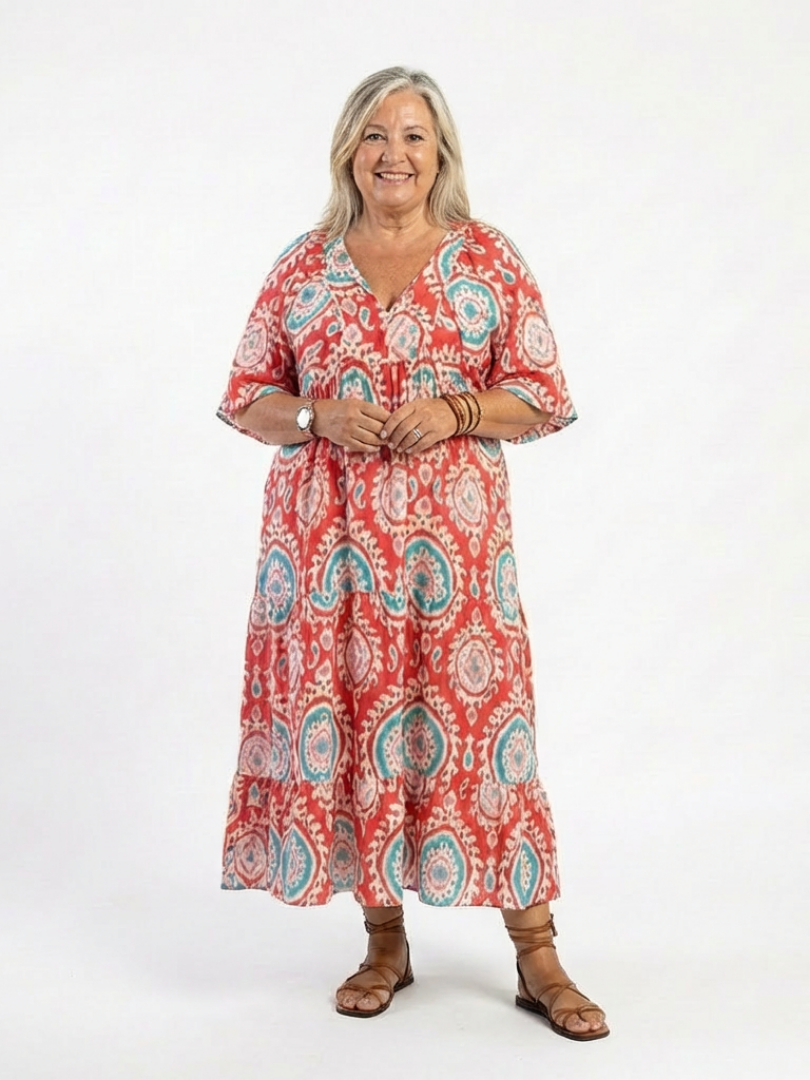 Zaria | Robe midi femme col V, manches courtes imprimé cachemire