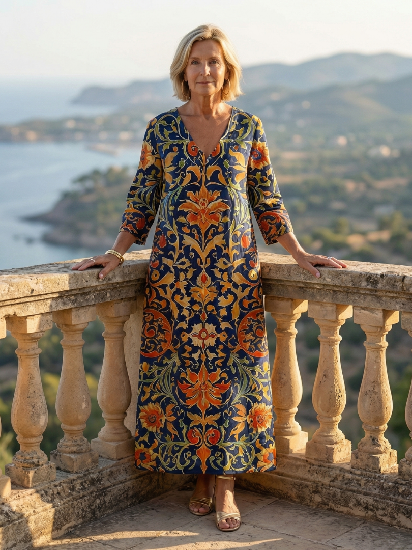 Elise | Robe midi femme imprimé floral, manches longues col V tissu doux