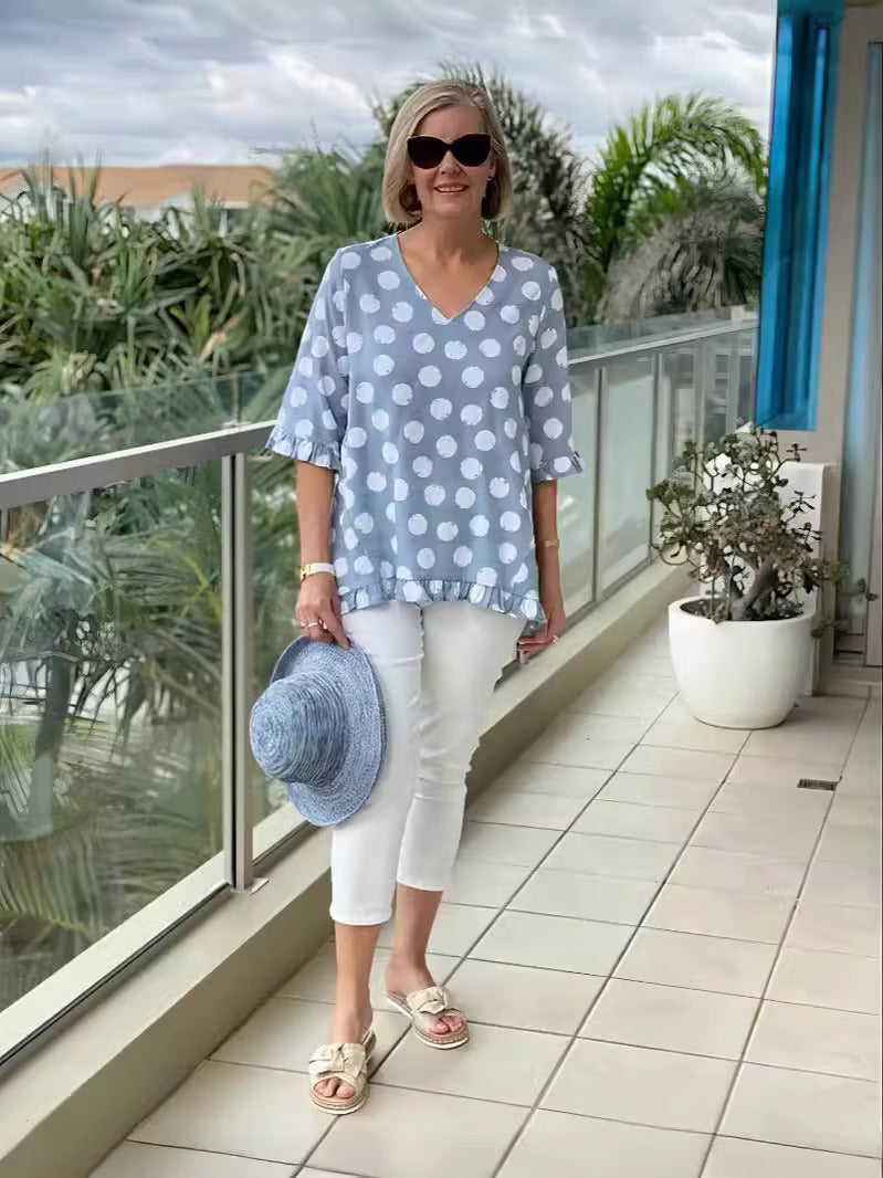 Denise | Blouse femme à pois col V, coupe détendue confortable et élégante