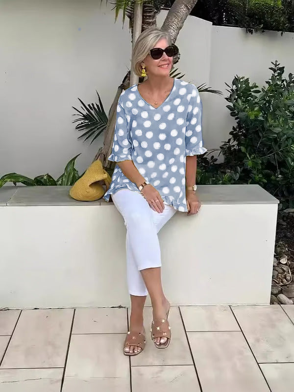Denise | Blouse femme à pois col V, coupe détendue confortable et élégante