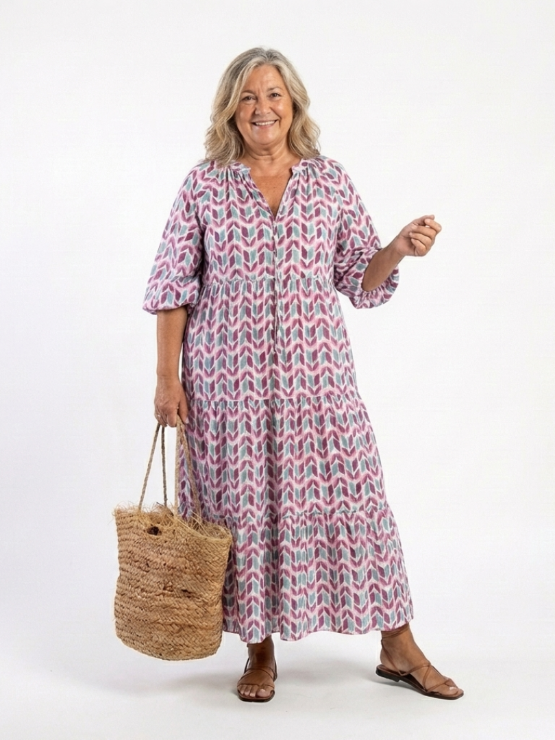Mireya | Robe midi femme à volants, manches longues imprimé géométrique