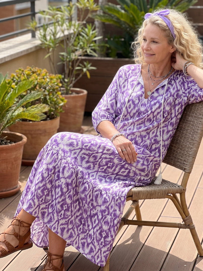 Penelope | Robe midi femme imprimée, col noué à pompons
