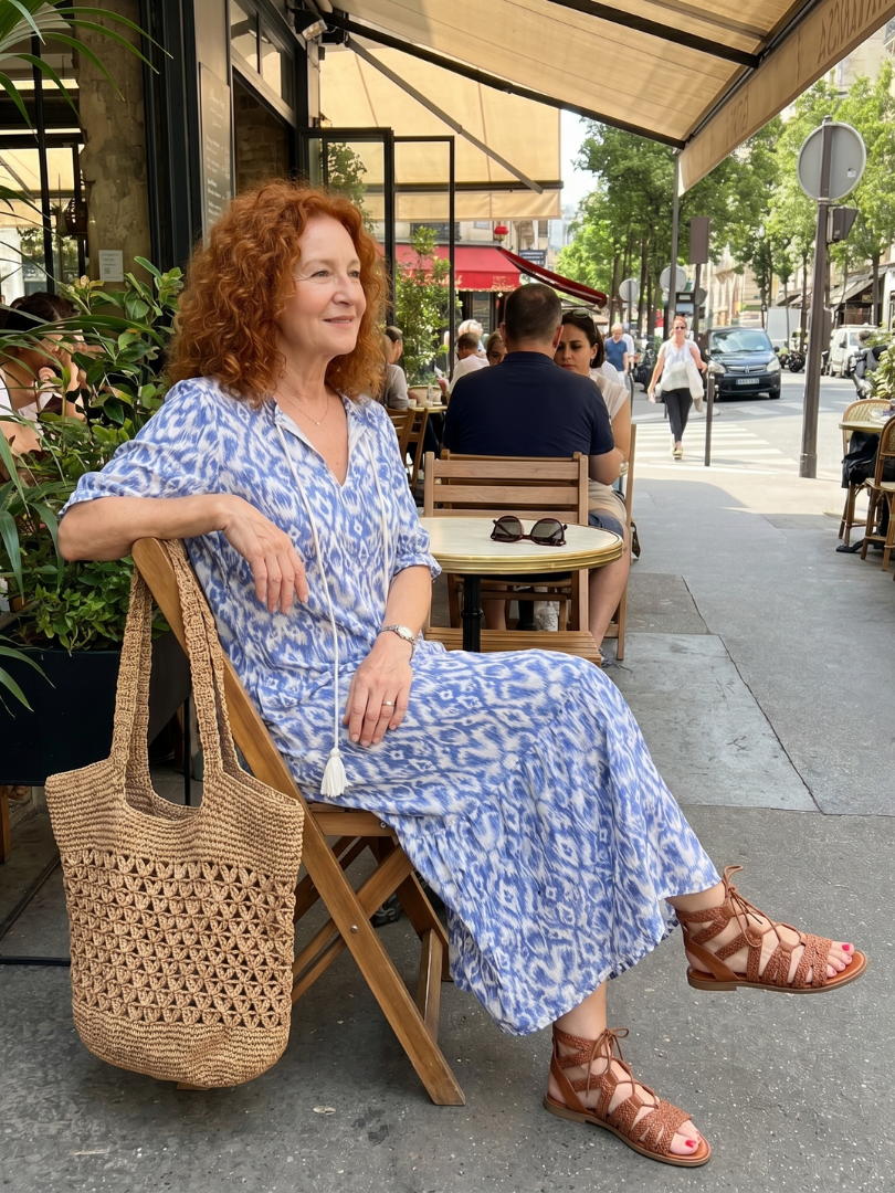Ottoline | Robe midi femme imprimée, col noué à pompons