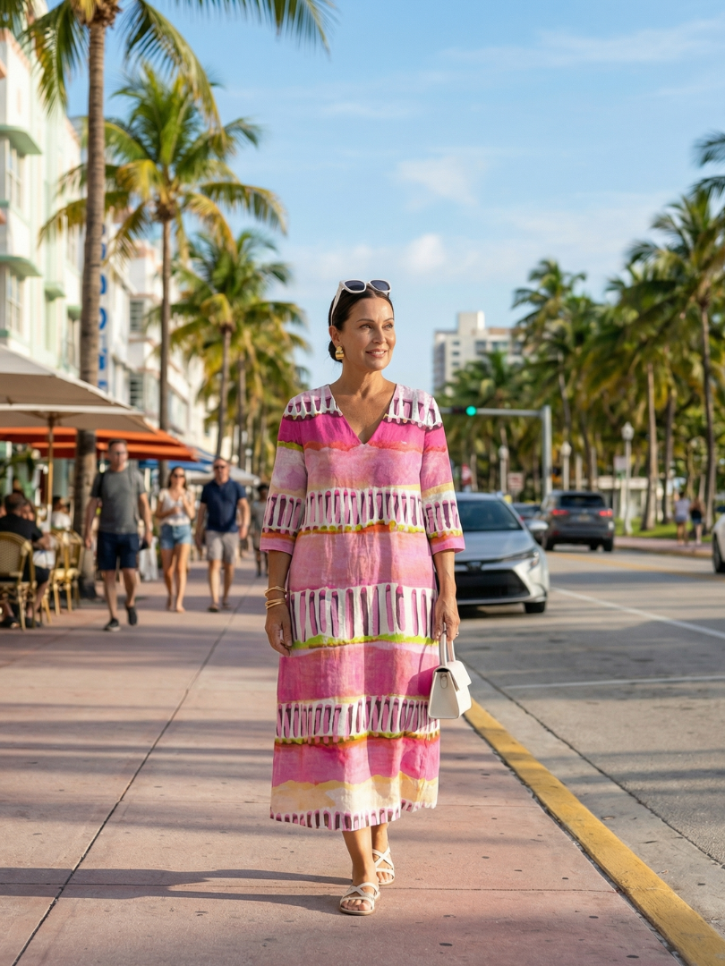 Antoinette | Robe midi femme fluide à rayures, motifs variés manches longues