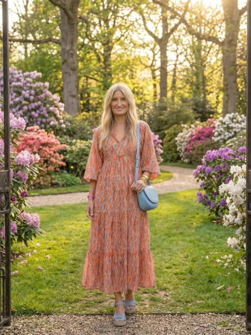 Amara | Robe midi femme à volants, col V imprimé géométrique