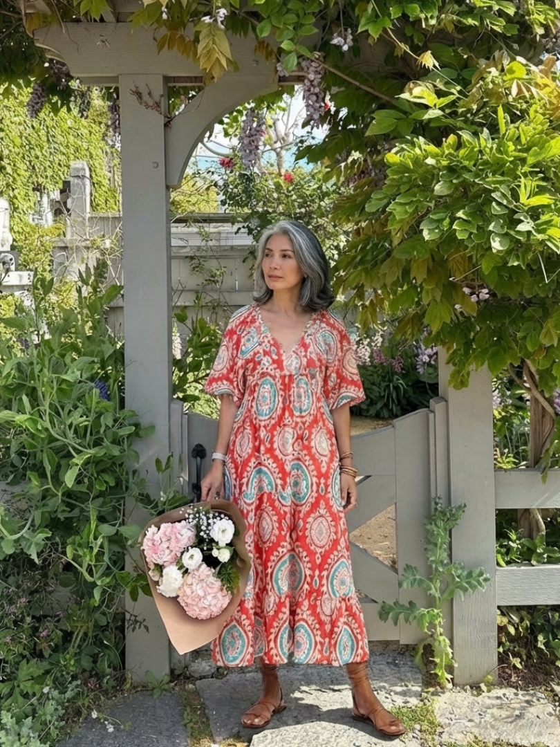 Zaria | Robe midi femme col V, manches courtes imprimé cachemire