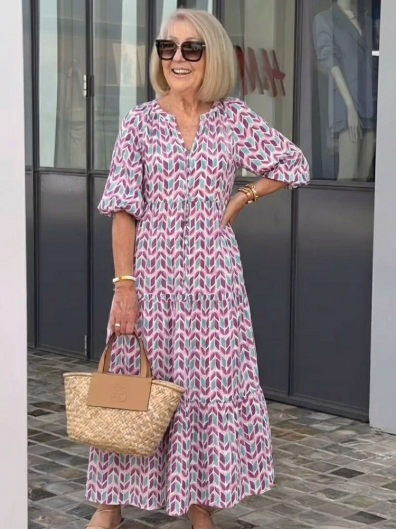 Mireya | Robe midi femme à volants, manches longues imprimé géométrique