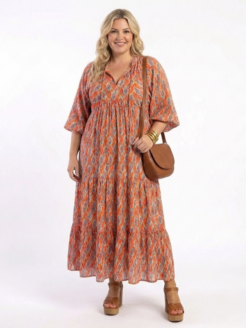 Amara | Robe midi femme à volants, col V imprimé géométrique