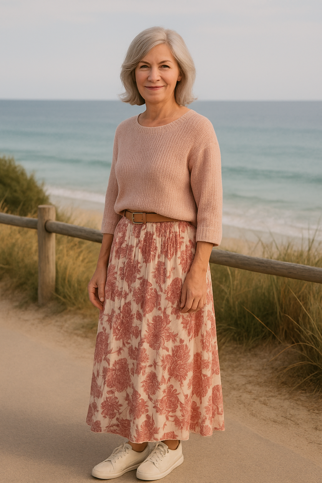 Angèle | Ensemble femme haut en maille et jupe fleurie trapèze, taille élastique