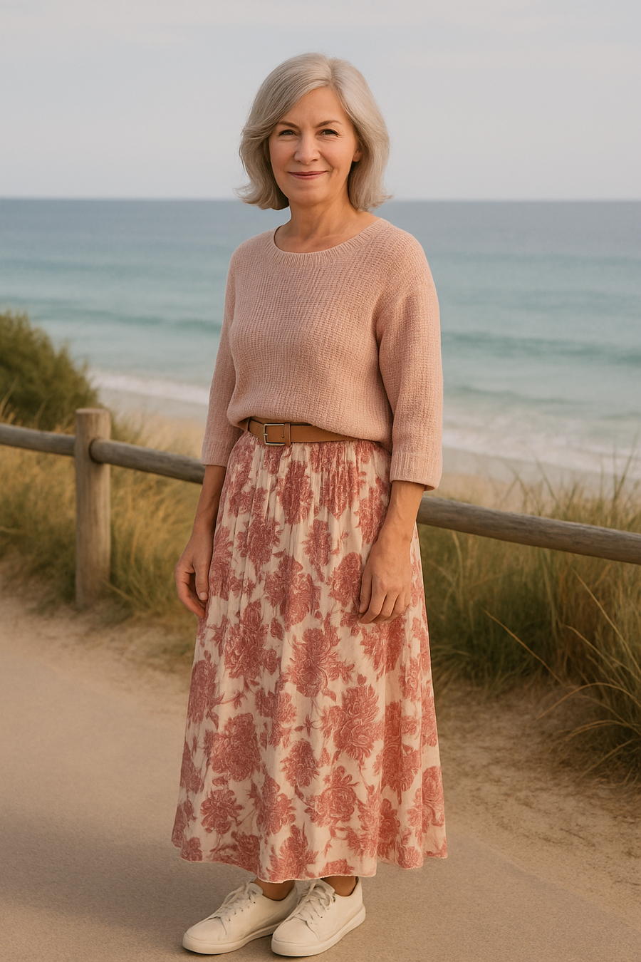 Angèle | Ensemble femme haut en maille et jupe fleurie trapèze, taille élastique