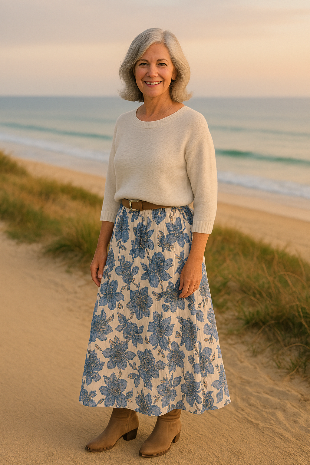 Angèle | Ensemble femme haut en maille et jupe fleurie trapèze, taille élastique