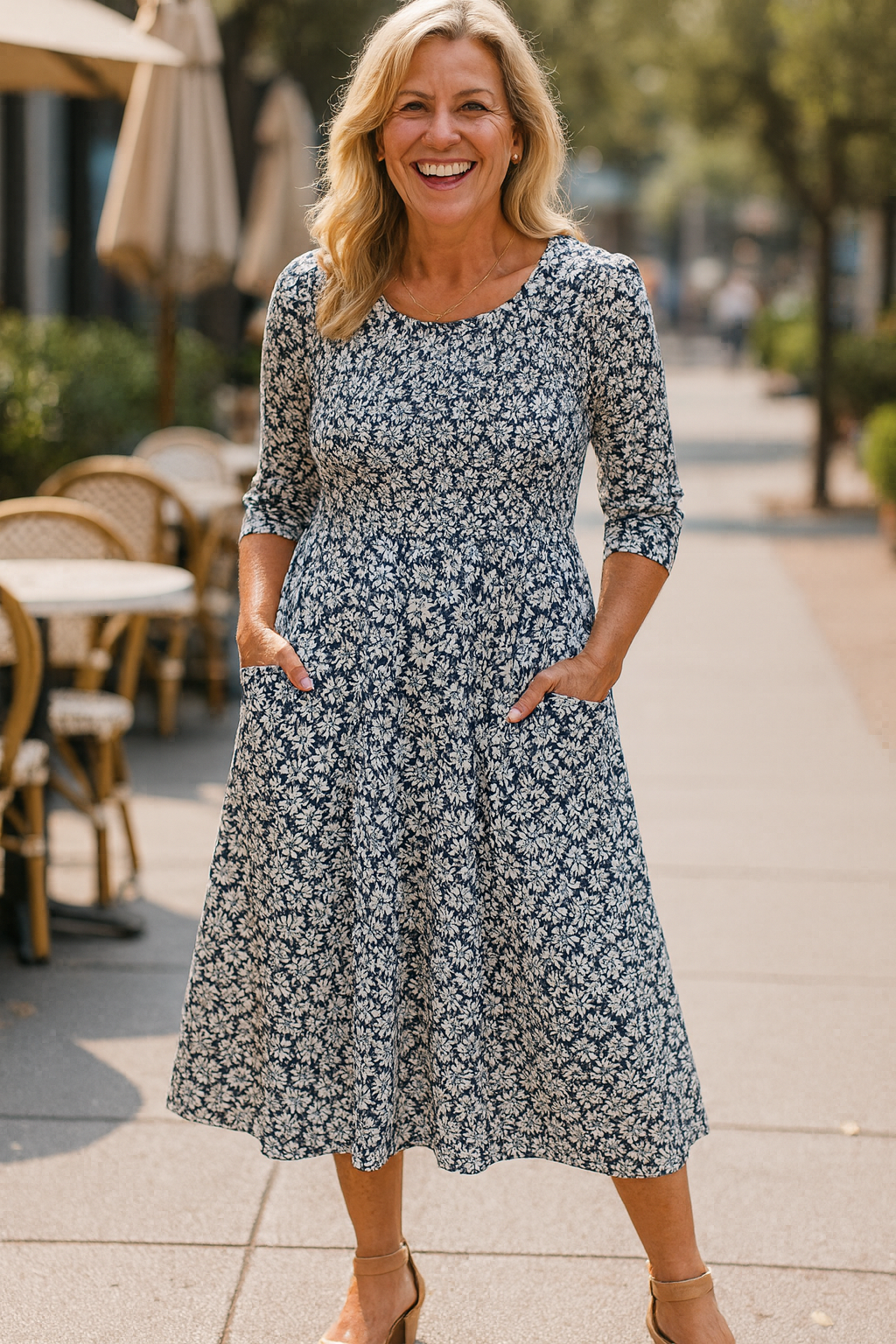 Yvonne | Robe midi femme fluide à poches latérales, élégante pour sorties quotidiennes