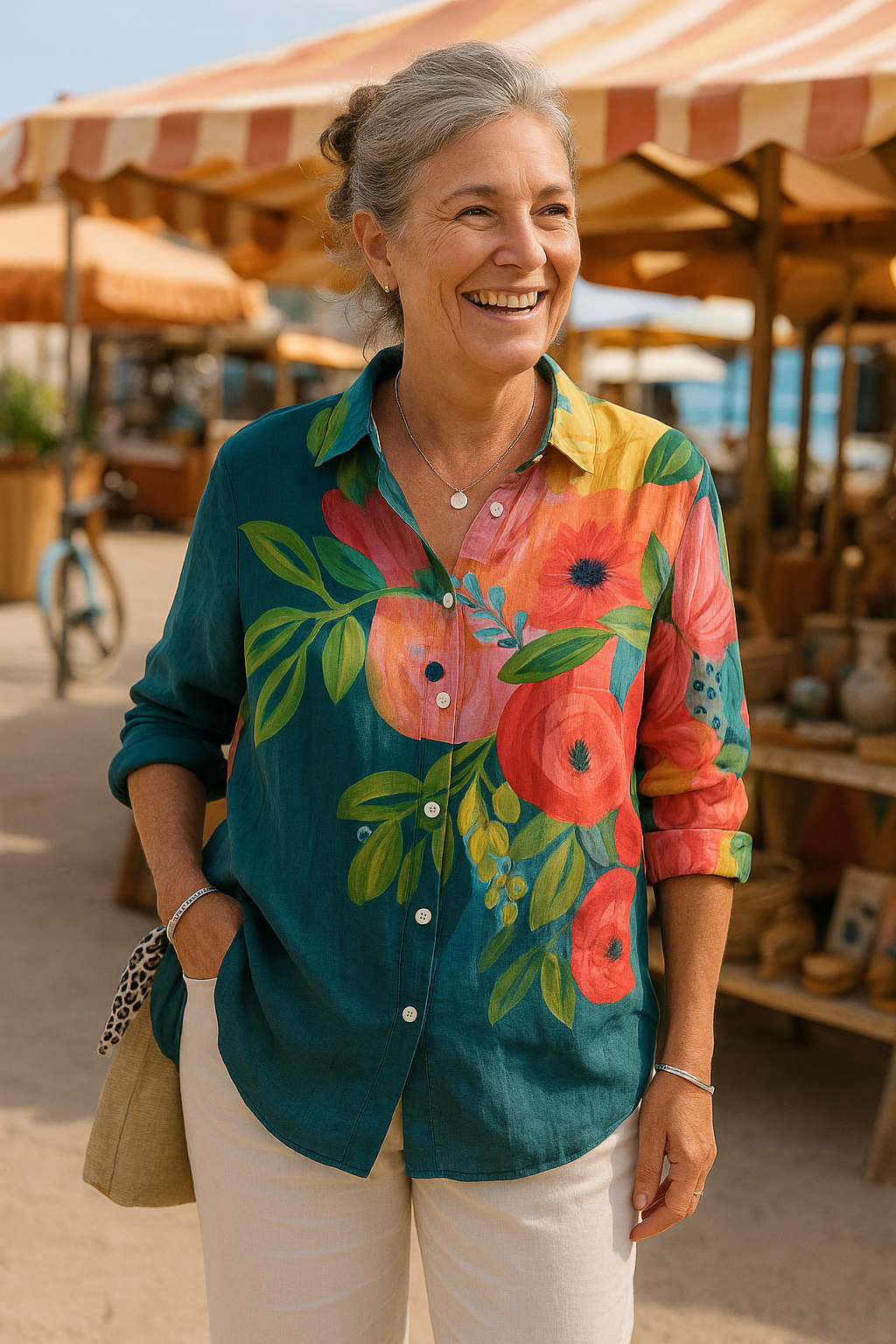 Blanche | Blouse femme imprimée légère, manches 3/4 en tissu aéré décontracté chic