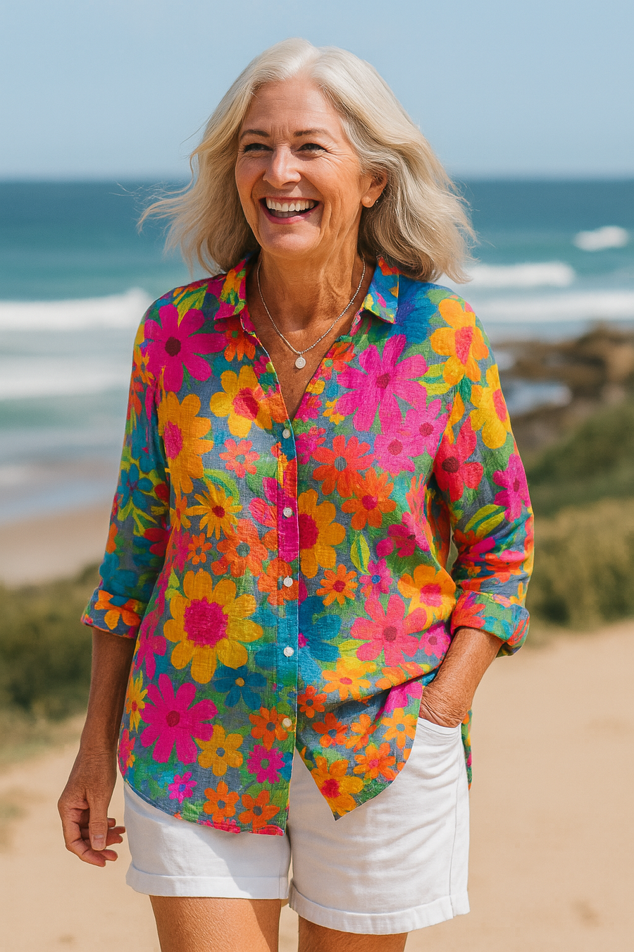Blanche | Blouse femme imprimée légère, manches 3/4 en tissu aéré décontracté chic