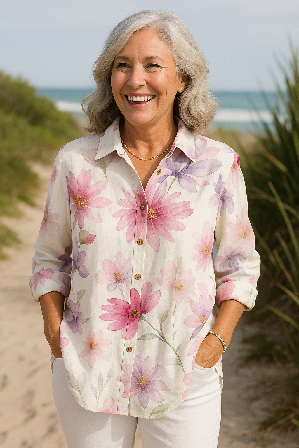 Blanche | Blouse femme imprimée légère, manches 3/4 en tissu aéré décontracté chic