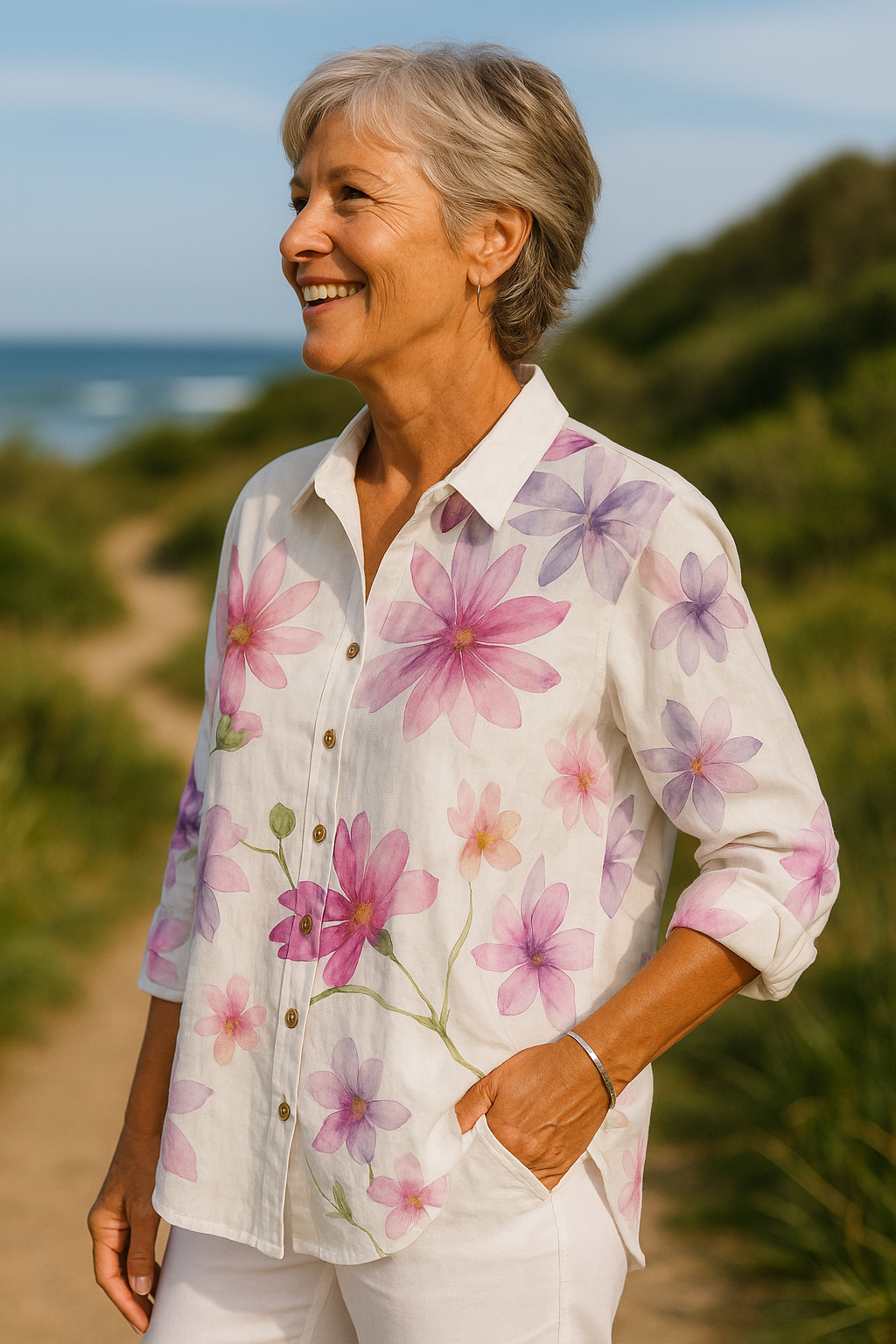 Blanche | Blouse femme imprimée légère, manches 3/4 en tissu aéré décontracté chic