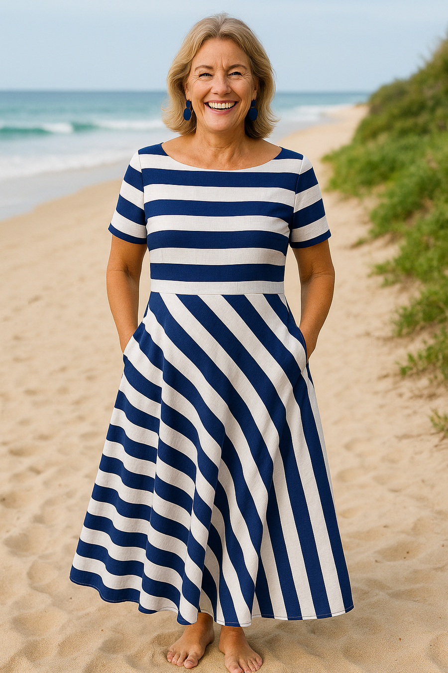 Evelina | Robe longue femme maxi fluide à rayures, polyester doux pour l'été