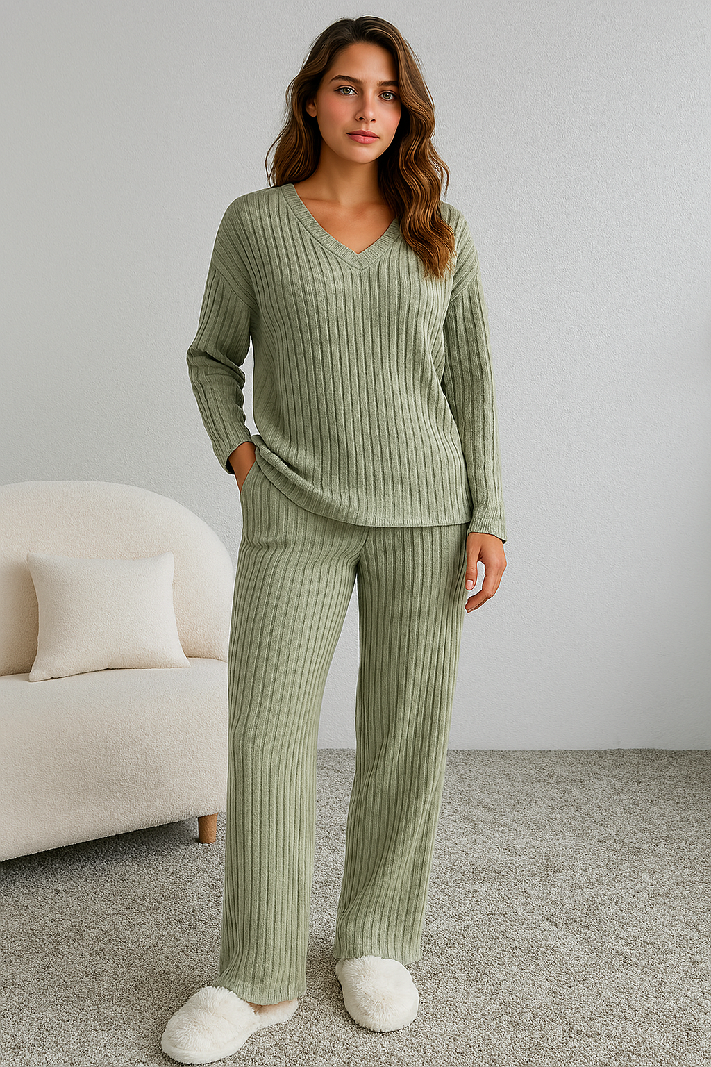 Noelle | Ensemble détente femme en maille côtelée col V, confortable et doux