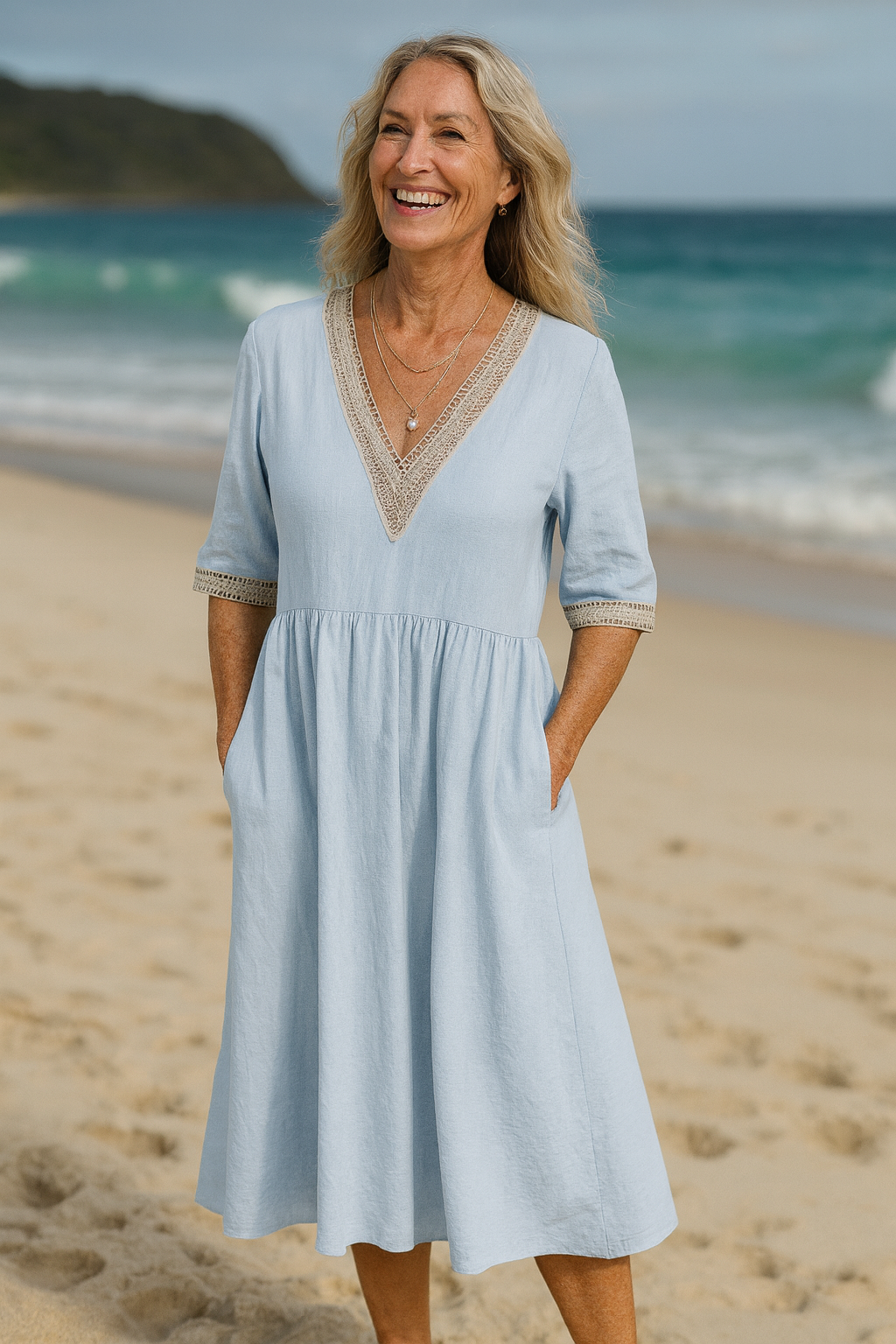 Elayna | Robe midi femme en lin doux et dentelle, confortable et élégante