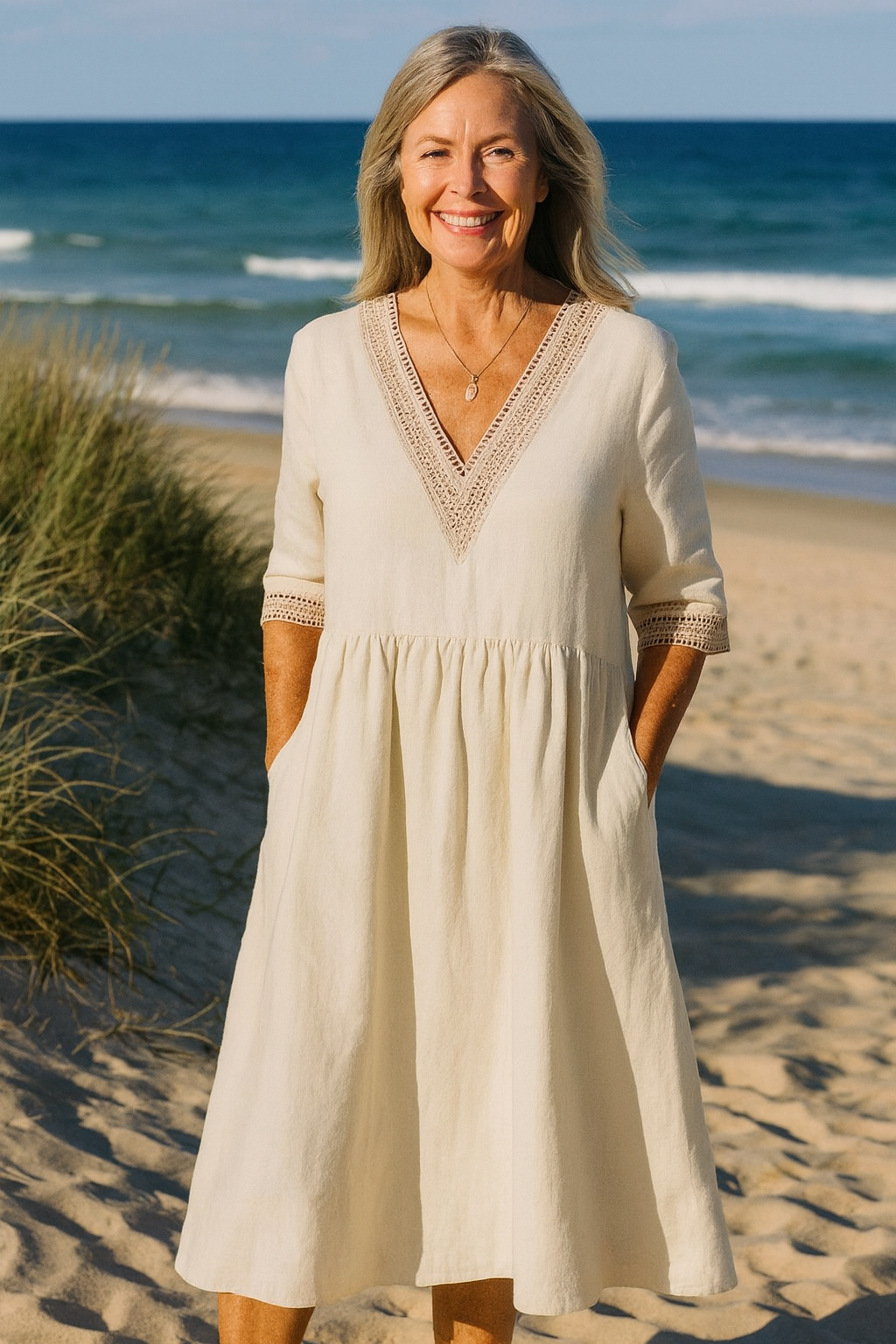 Elayna | Robe midi femme en lin doux et dentelle, confortable et élégante