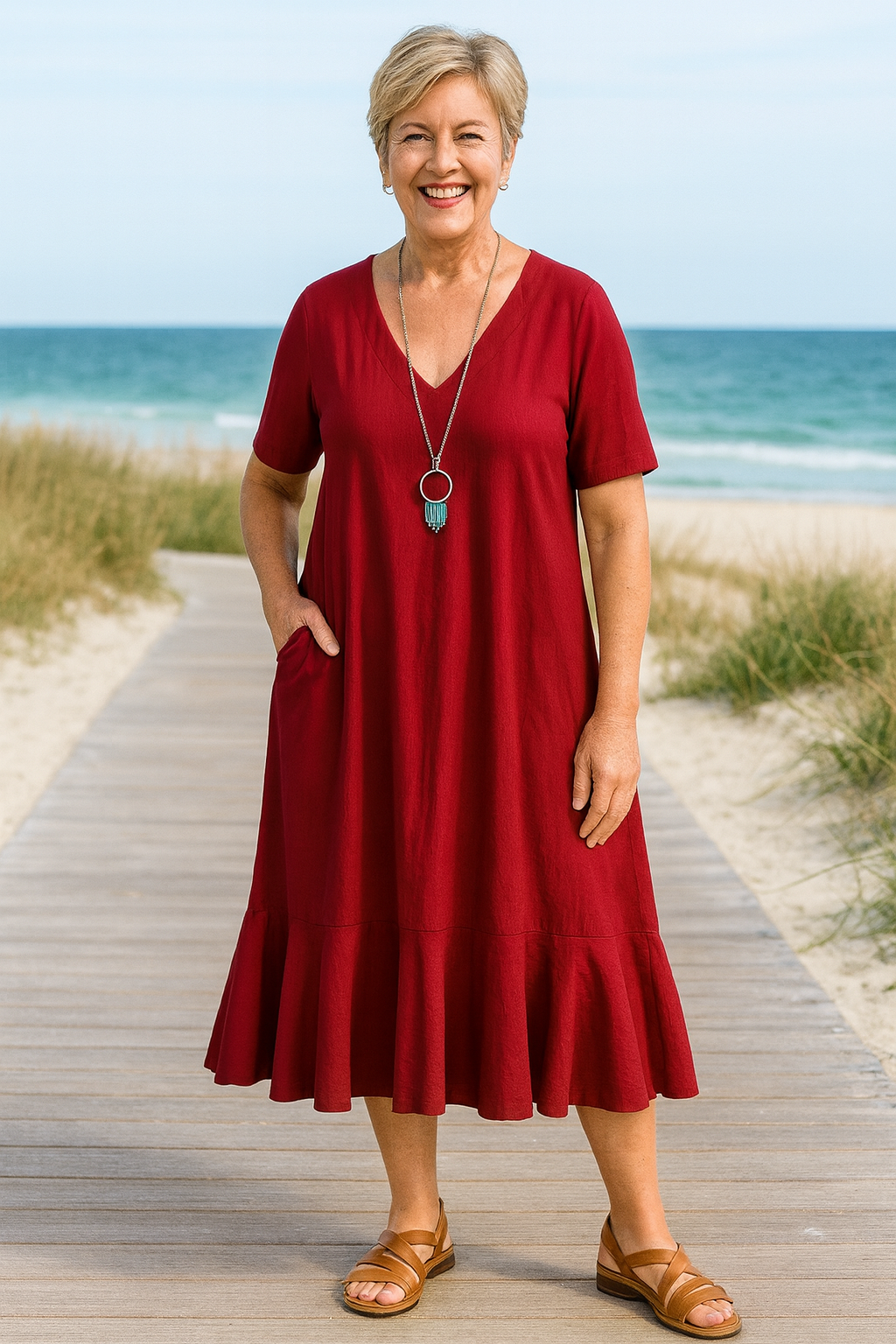 Solange | Robe midi femme fluide en polyester, à poches et volants pour journées chaudes