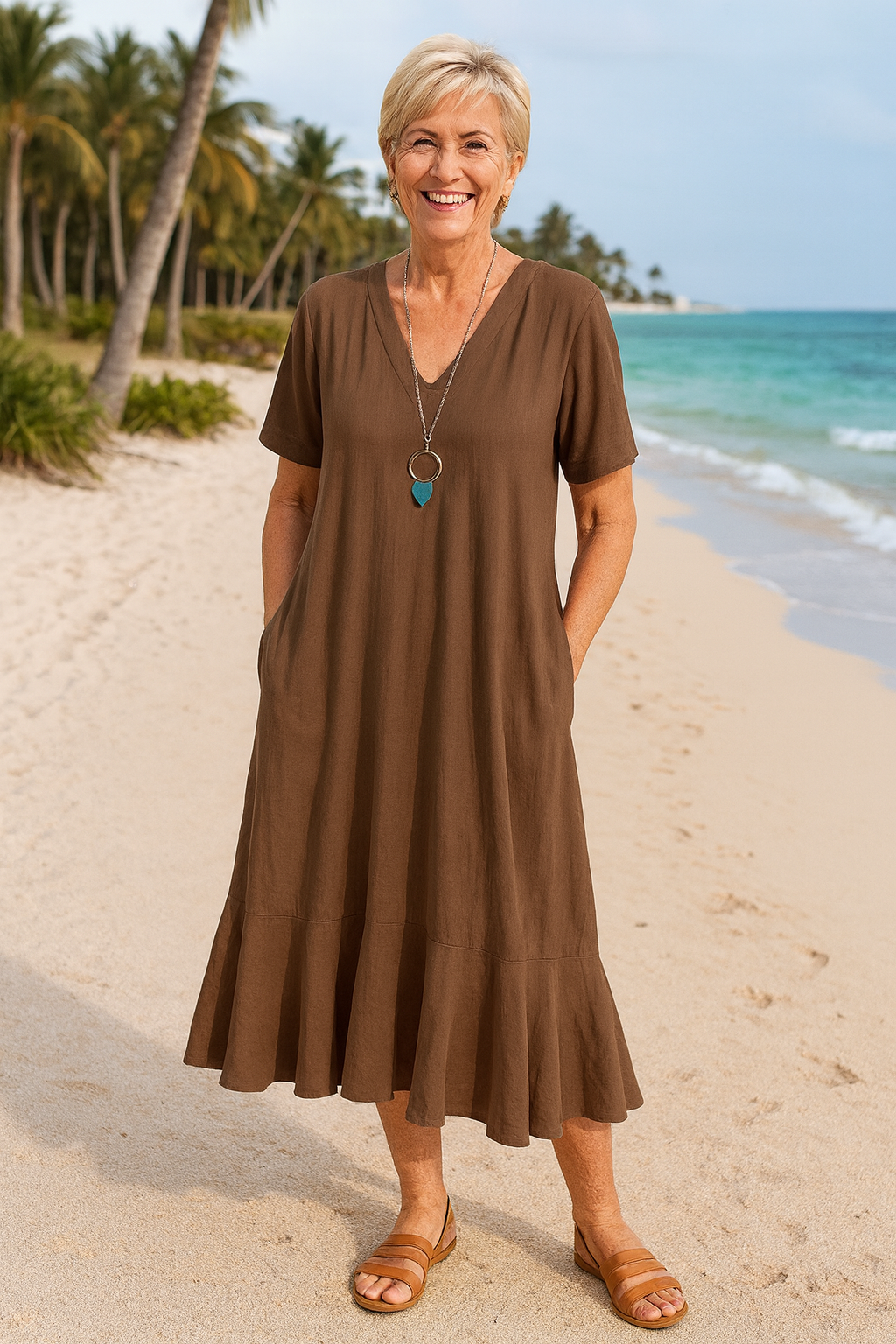 Solange | Robe midi femme fluide en polyester, à poches et volants pour journées chaudes
