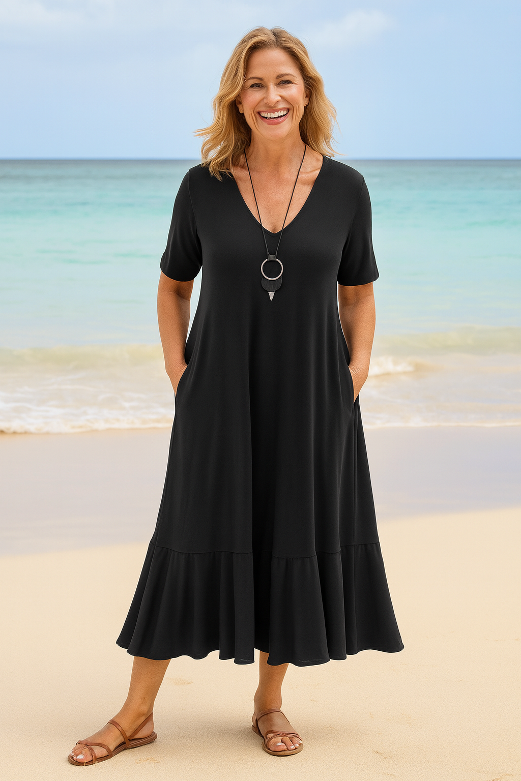 Solange | Robe midi femme fluide en polyester, à poches et volants pour journées chaudes