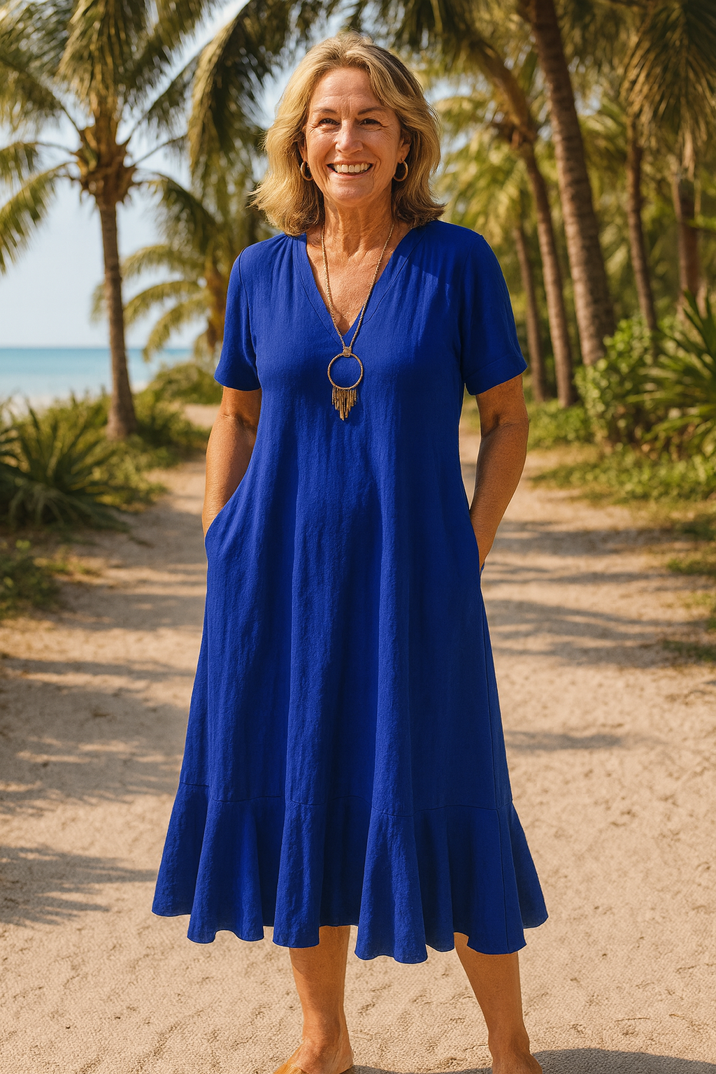 Solange | Robe midi femme fluide en polyester, à poches et volants pour journées chaudes
