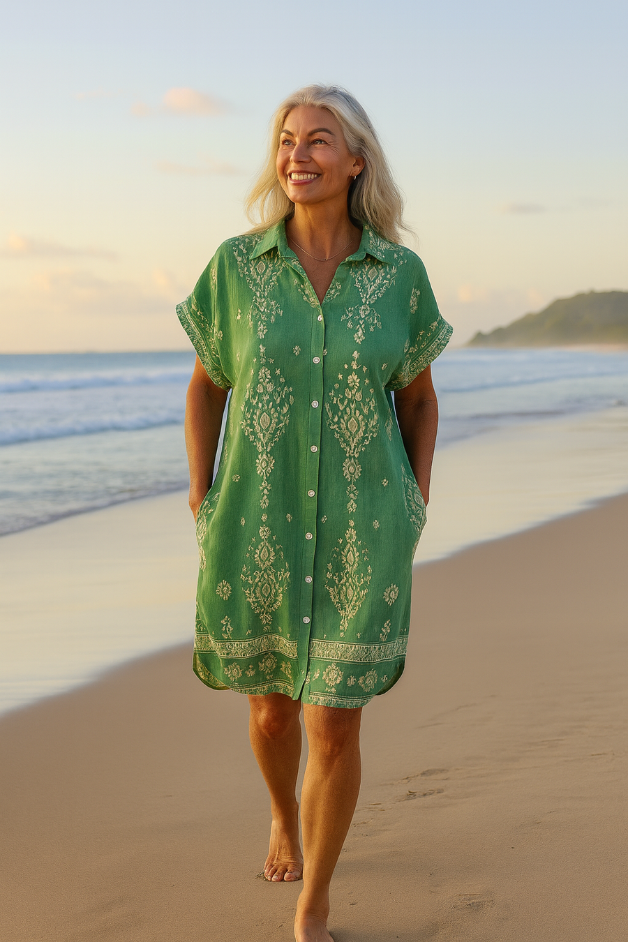 Mireille | Robe midi femme bohème en coton-lin fluide, manches 3/4 élégante