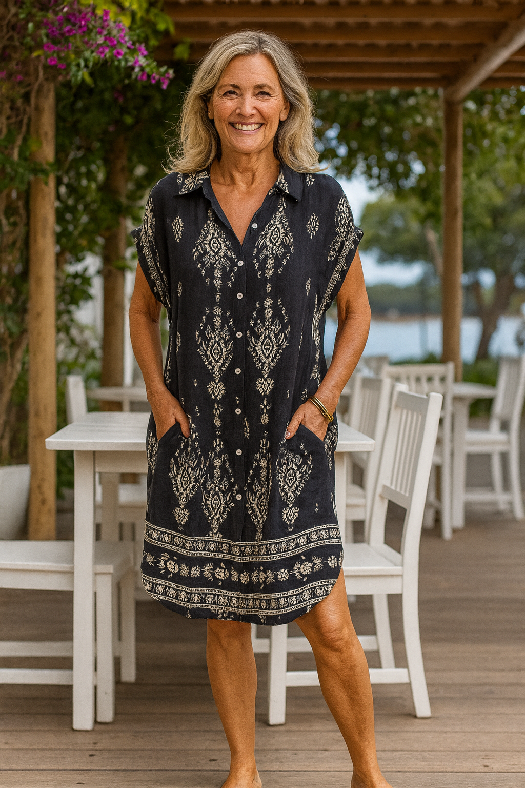 Mireille | Robe midi femme bohème en coton-lin fluide, manches 3/4 élégante