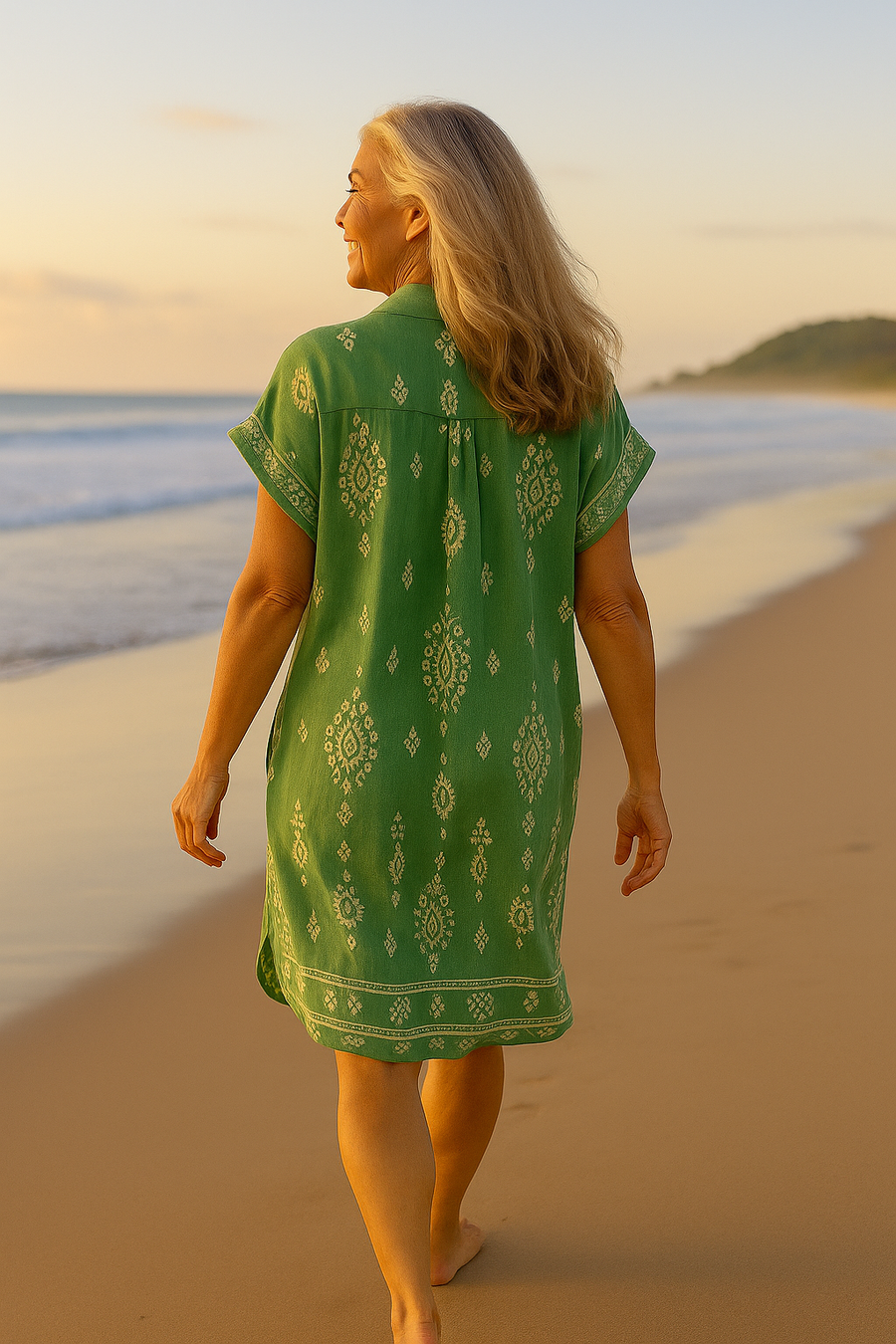 Mireille | Robe midi femme bohème en coton-lin fluide, manches 3/4 élégante