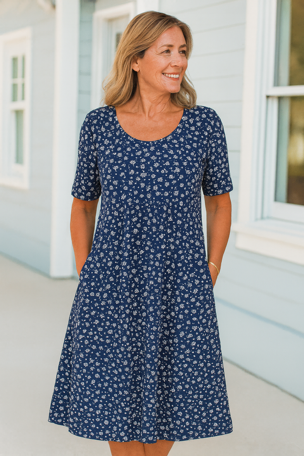 Maribelle | Robe midi femme fleurie fluide, couvrante bras et ventre