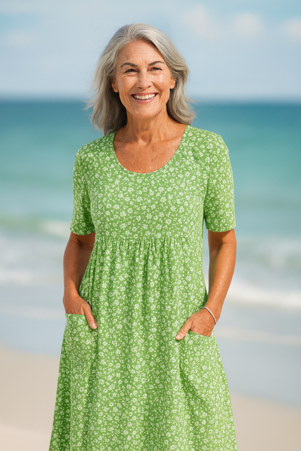 Maribelle | Robe midi femme fleurie fluide, couvrante bras et ventre