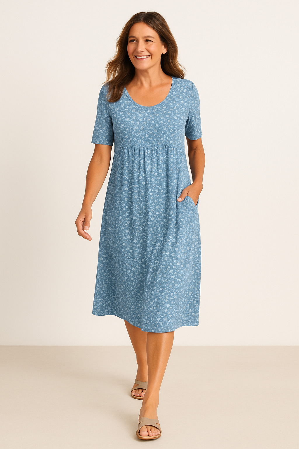 Maribelle | Robe midi femme fleurie fluide, couvrante bras et ventre