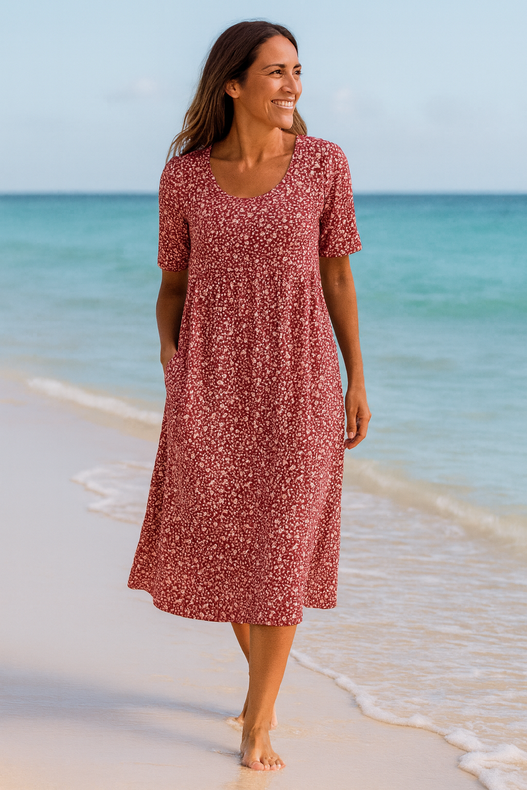 Maribelle | Robe midi femme fleurie fluide, couvrante bras et ventre