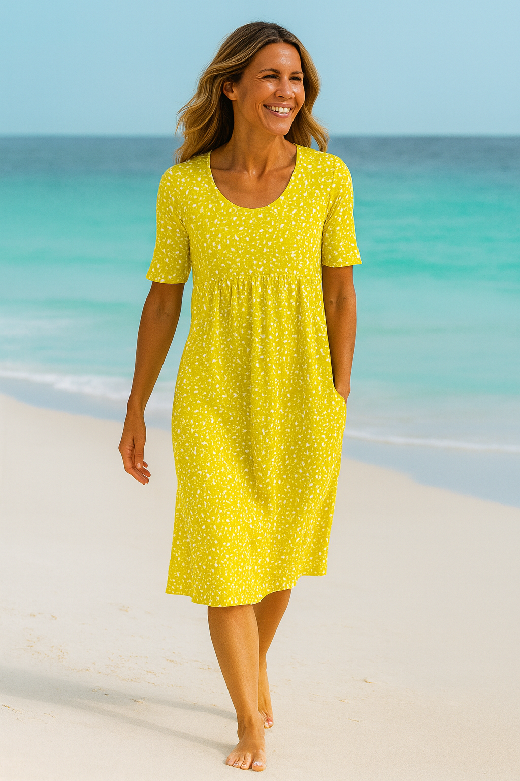 Maribelle | Robe midi femme fleurie fluide, couvrante bras et ventre