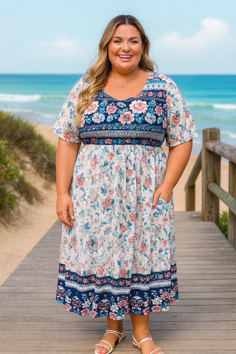 Émilienne | Robe midi femme fluide extensible à poches, taille empire élégante