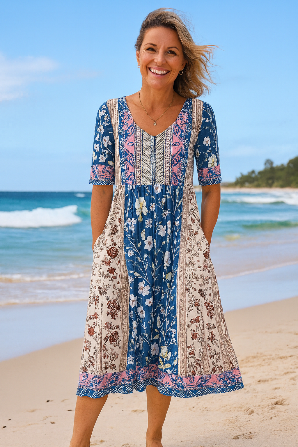 Émilienne | Robe midi femme fluide extensible à poches, taille empire élégante