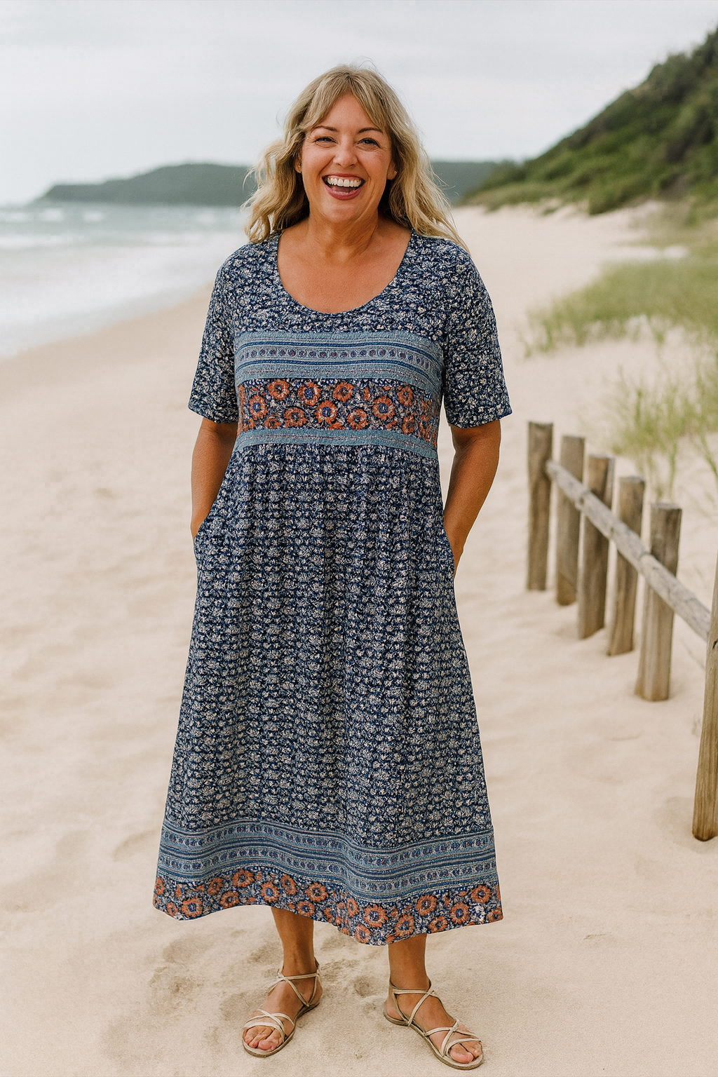 Émilienne | Robe midi femme fluide extensible à poches, taille empire élégante