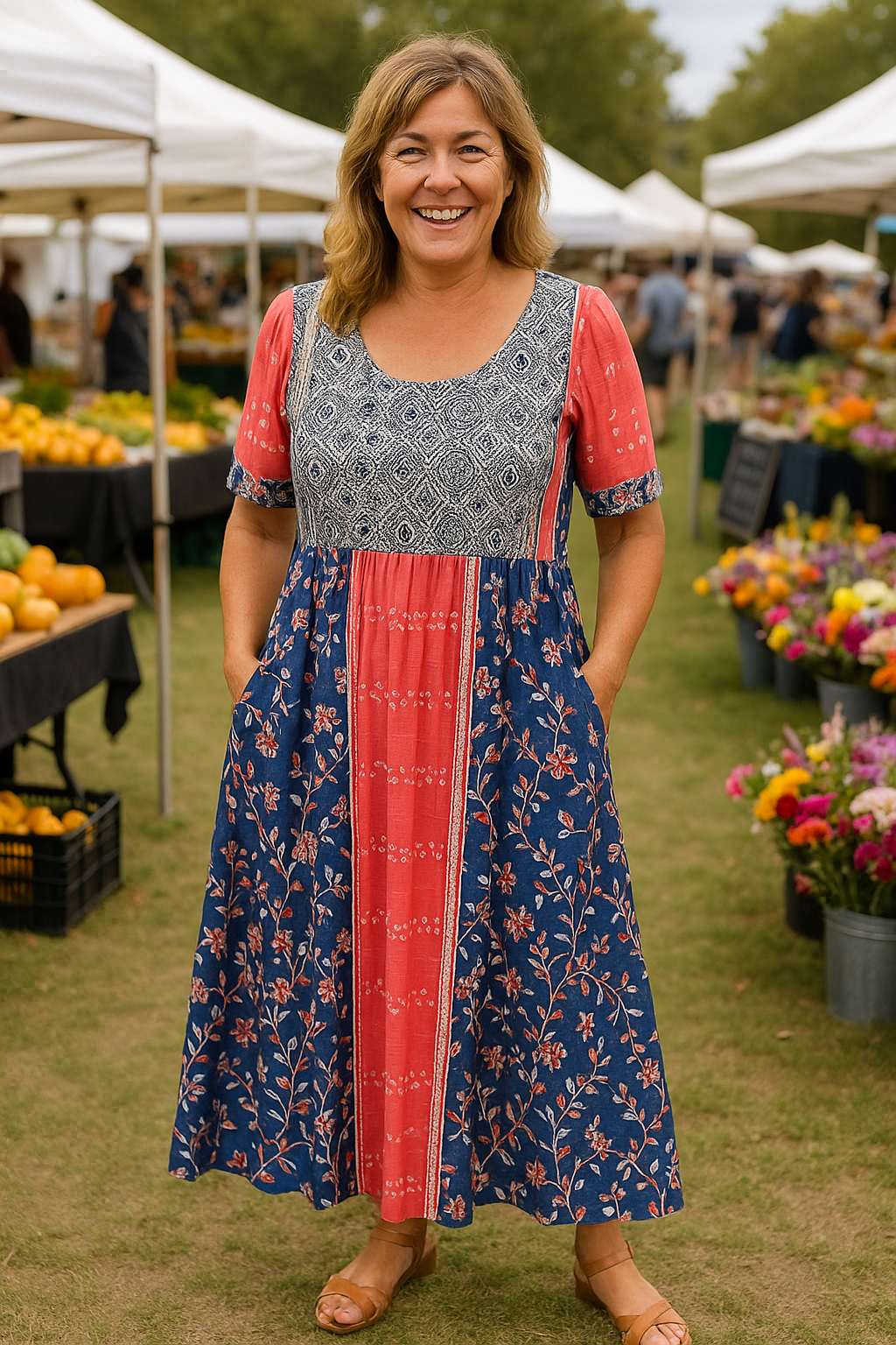 Émilienne | Robe midi femme fluide extensible à poches, taille empire élégante