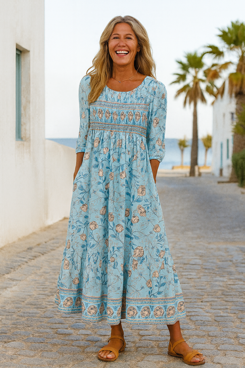 Yvonne | Robe midi femme fluide à poches latérales, élégante pour sorties quotidiennes