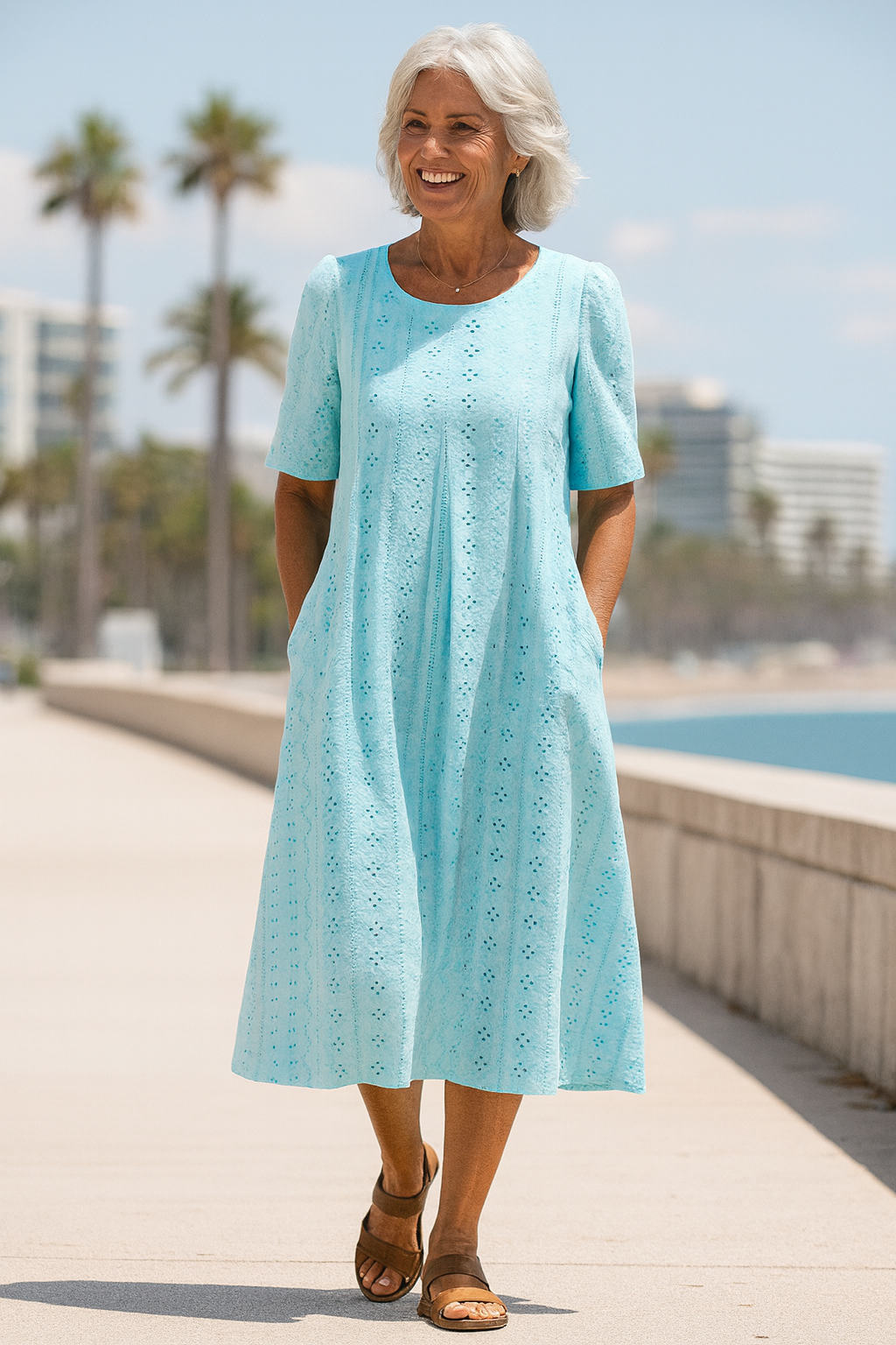 Yvonne | Robe midi femme fluide à poches latérales, élégante pour sorties quotidiennes