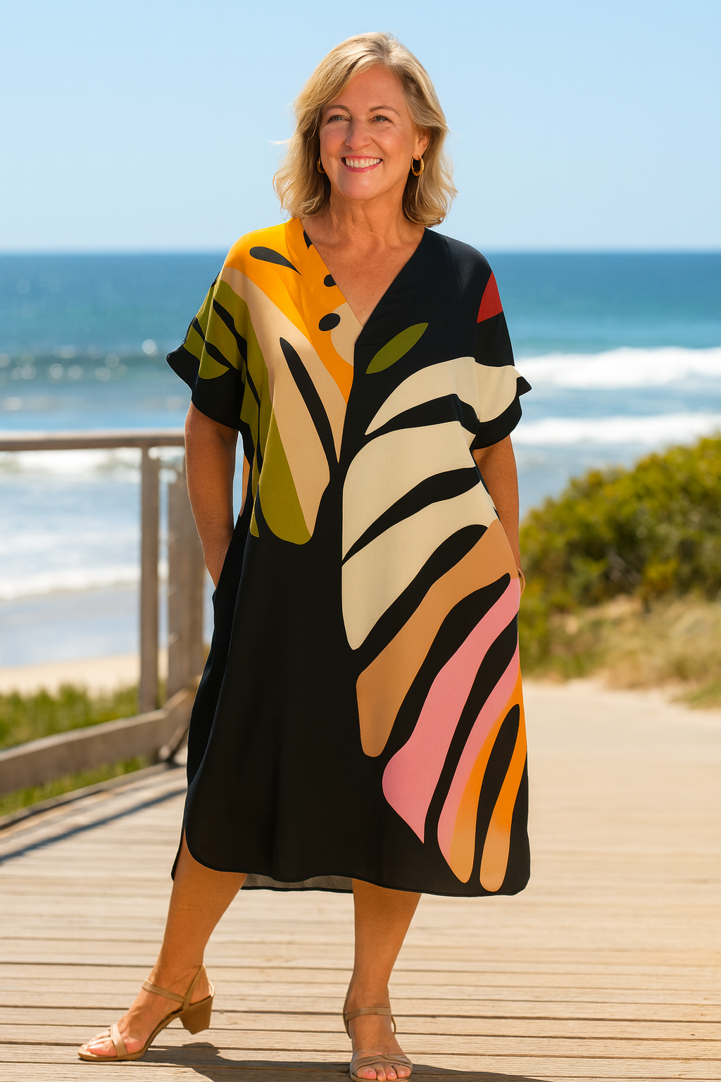 Calista | Robe midi femme à motif feuilles, élégante fluide sans fermeture éclair