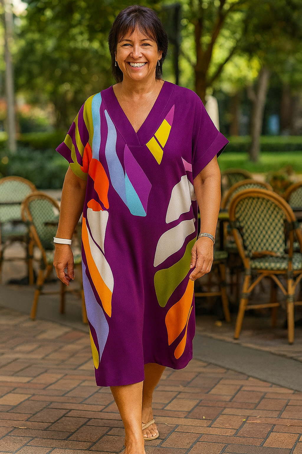 Calista | Robe midi femme à motif feuilles, élégante fluide sans fermeture éclair