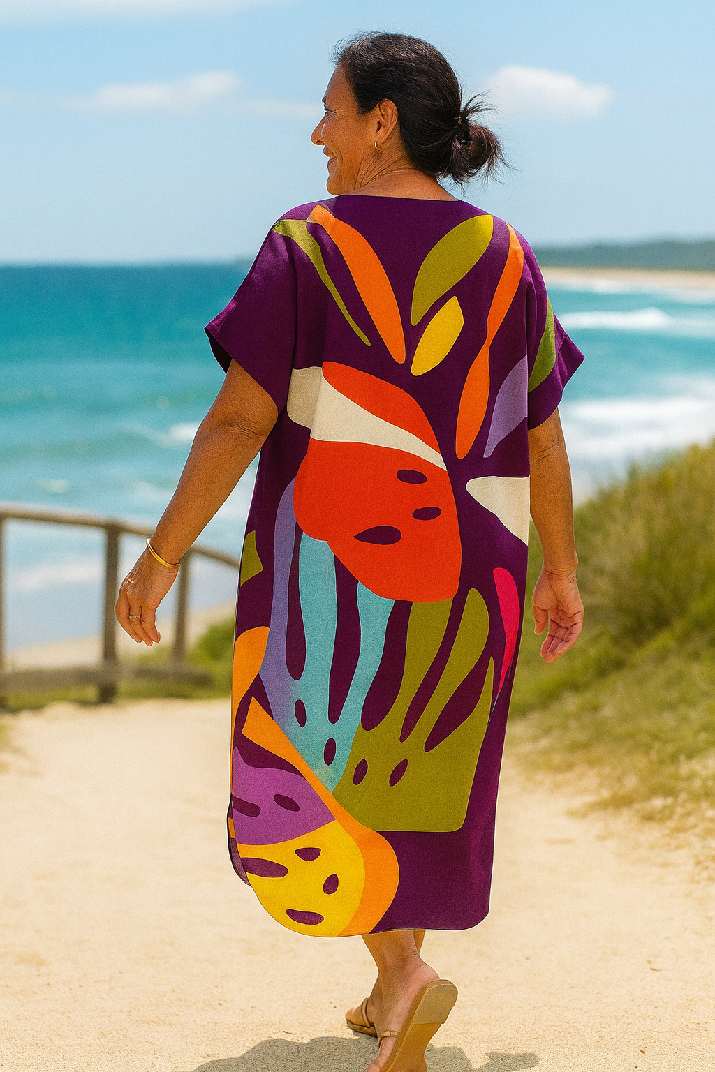 Calista | Robe midi femme à motif feuilles, élégante fluide sans fermeture éclair