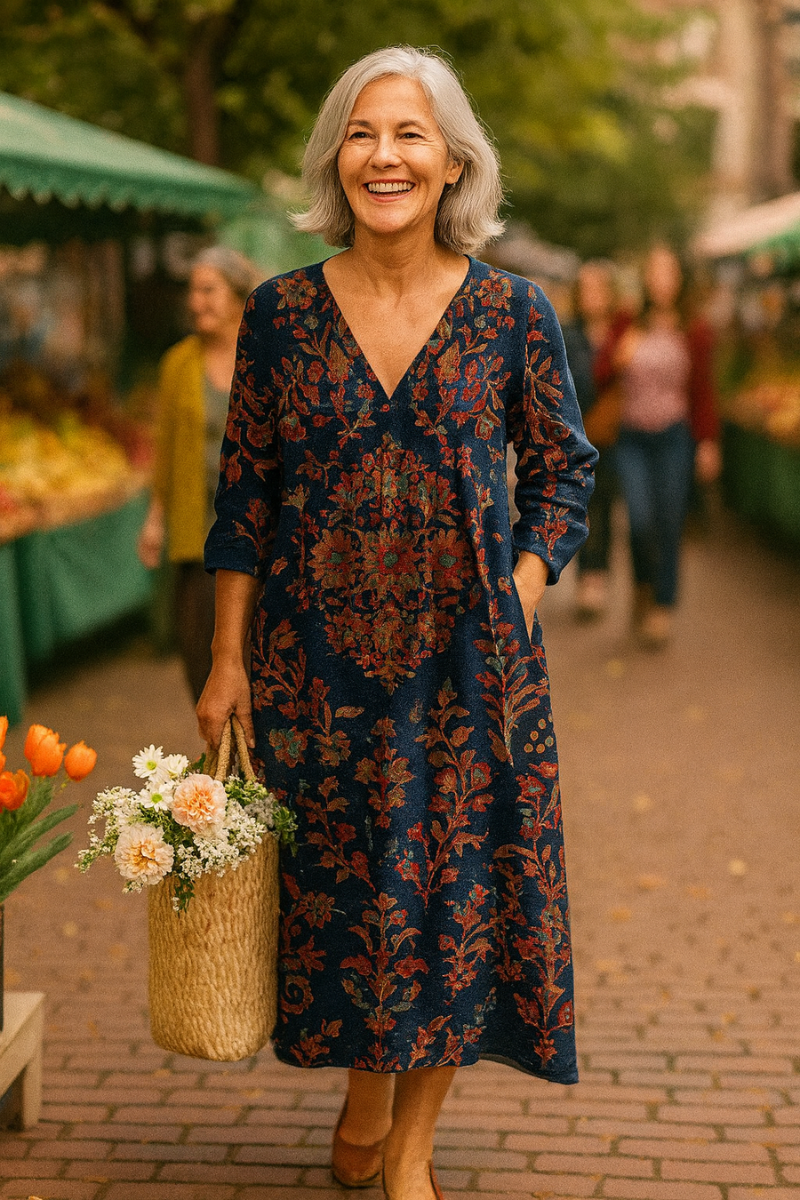 Elodie | Robe midi femme vintage à poches, fluide et confortable pour l'été