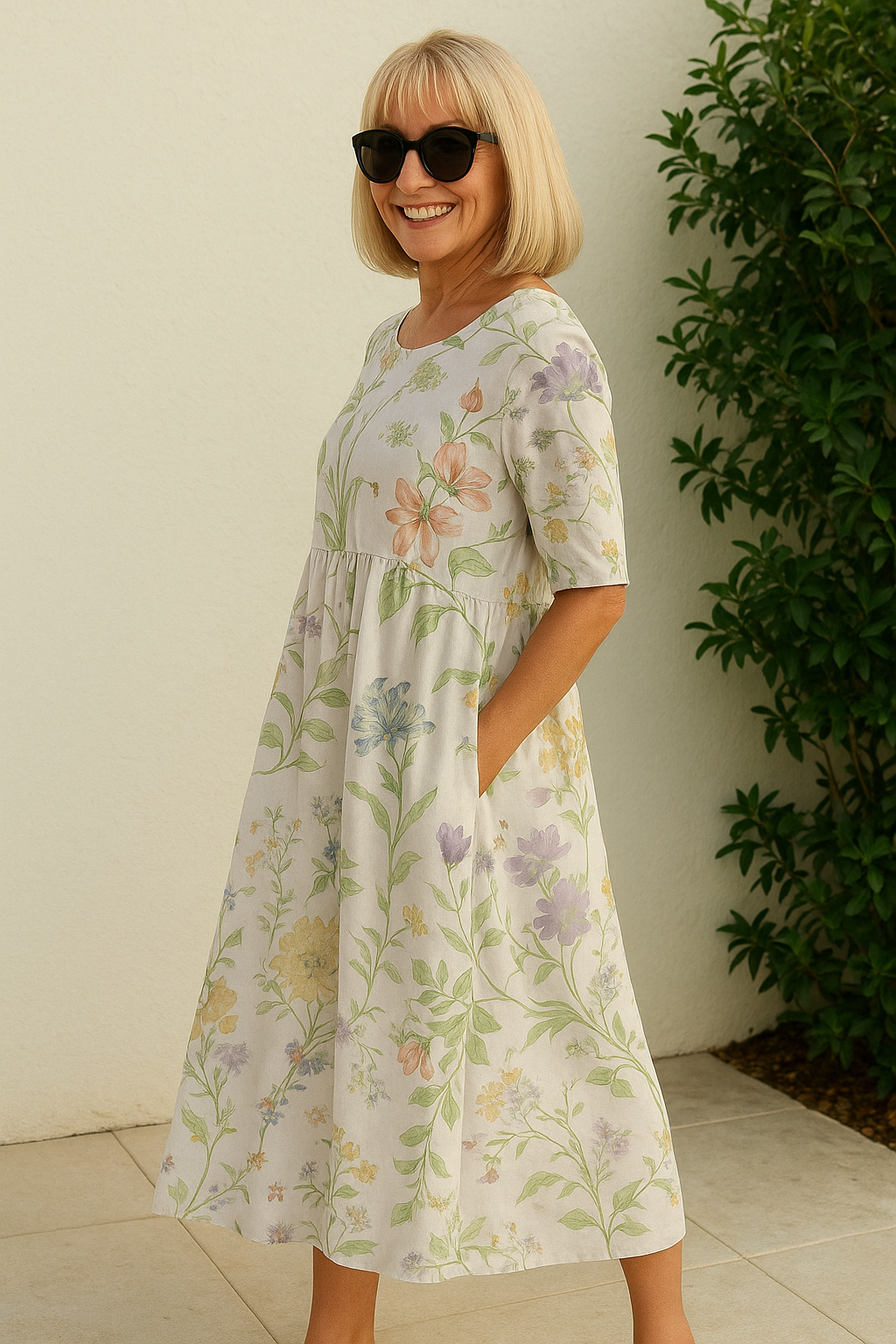 Eliza | Robe midi femme détendue manches 3/4, confortable et fluide pour l'été