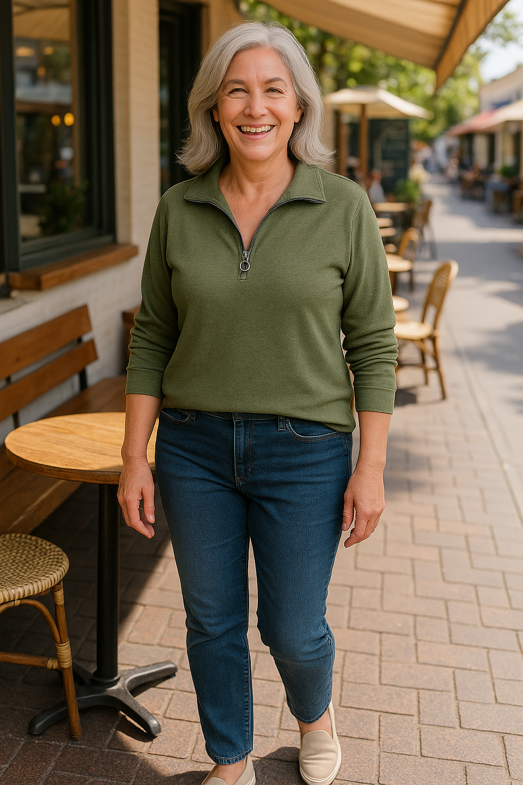 Hermine | Pull femme demi-zip en maille coton mérinos, col V décontracté