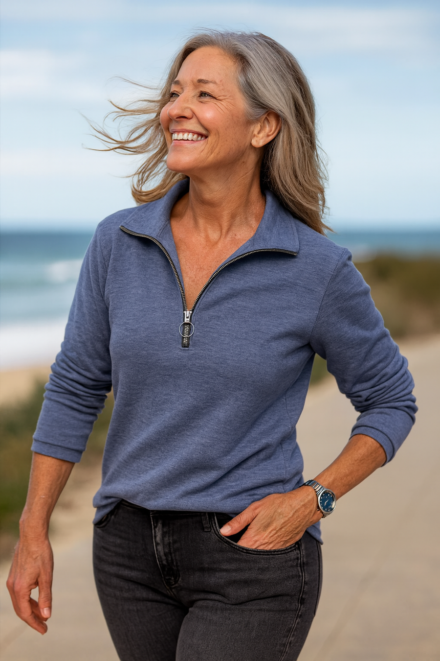 Hermine | Pull femme demi-zip en maille coton mérinos, col V décontracté