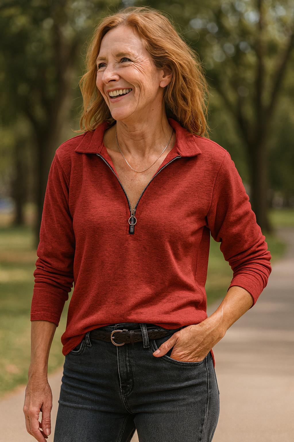 Hermine | Pull femme demi-zip en maille coton mérinos, col V décontracté